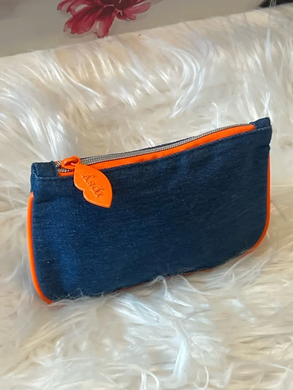 ipsy Dark Blue Denim Cosmetic Bag with Bright Orange Trim